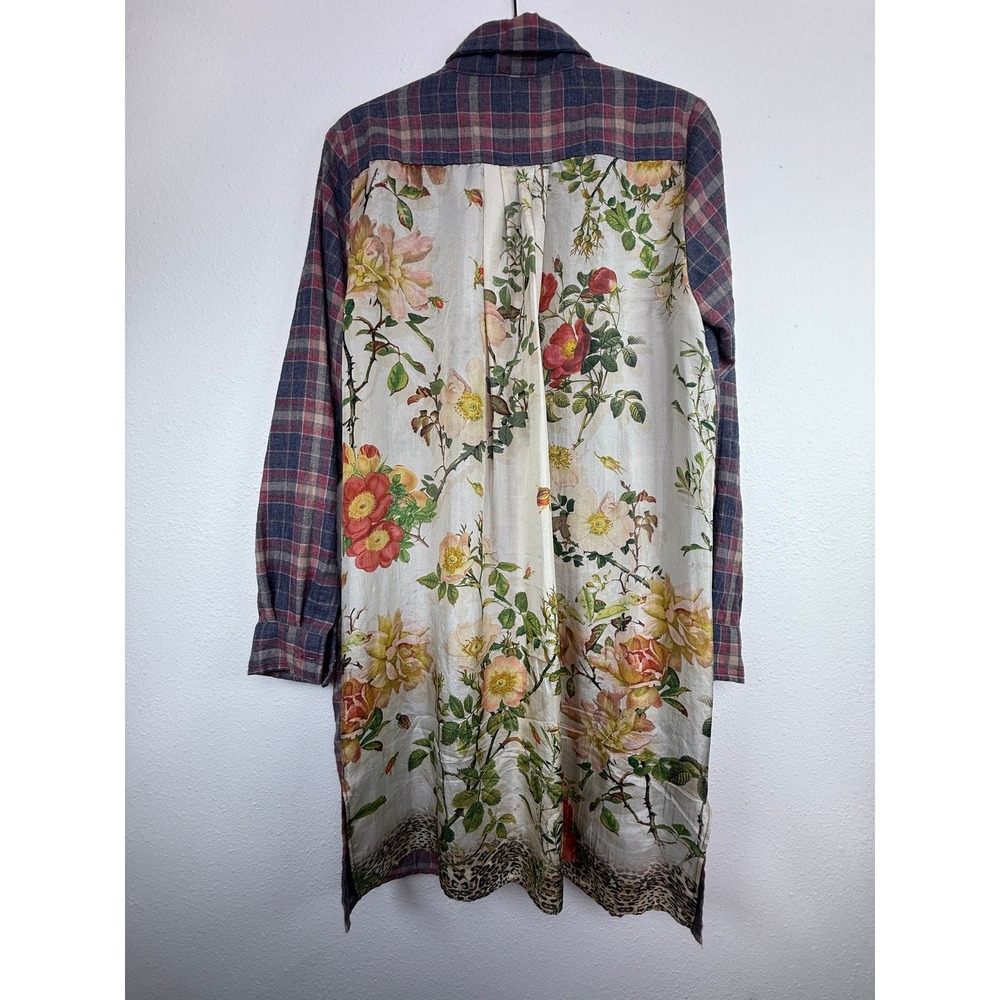 Johnny Was 3J Workshop Plaid Flannel Floral Silk Back Shirt Dress Duster S